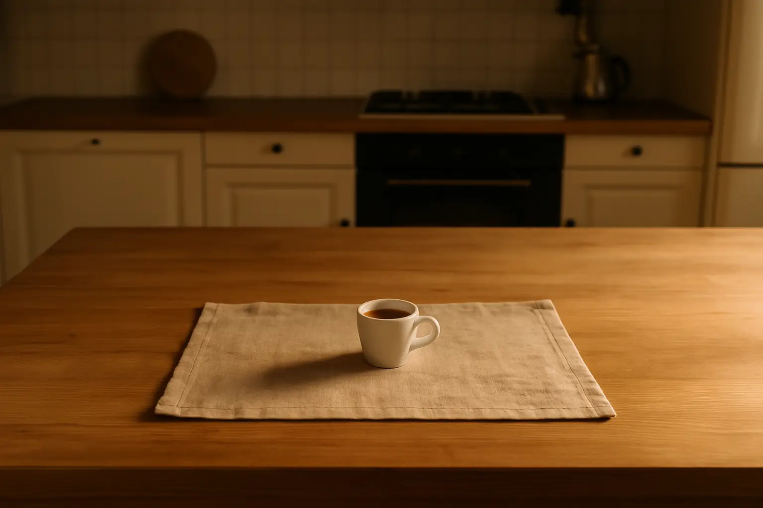 Leveä tyhjä keittiön pöytä, kahvikangas ja yksi espressokuppi.