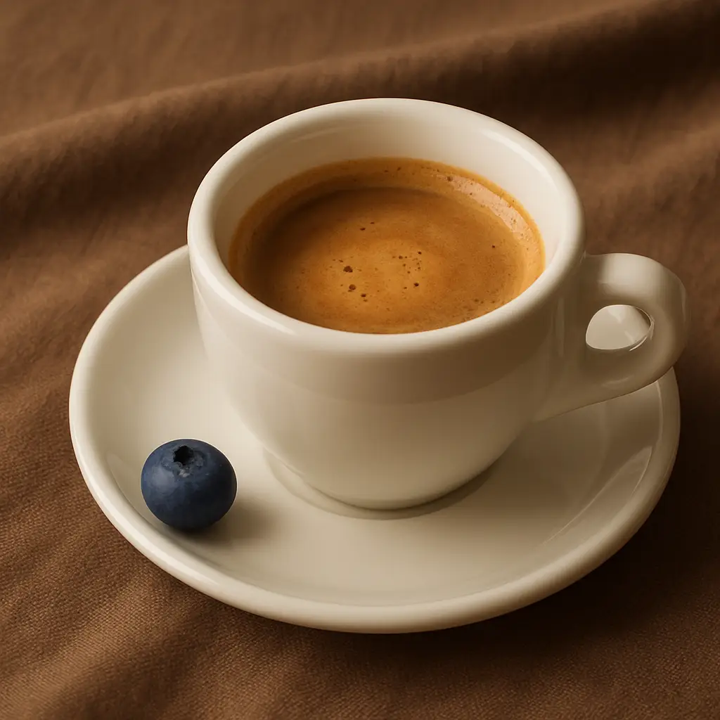 Lähikuva espressokupista ja yhdestä marjasta kahvikankaalla.